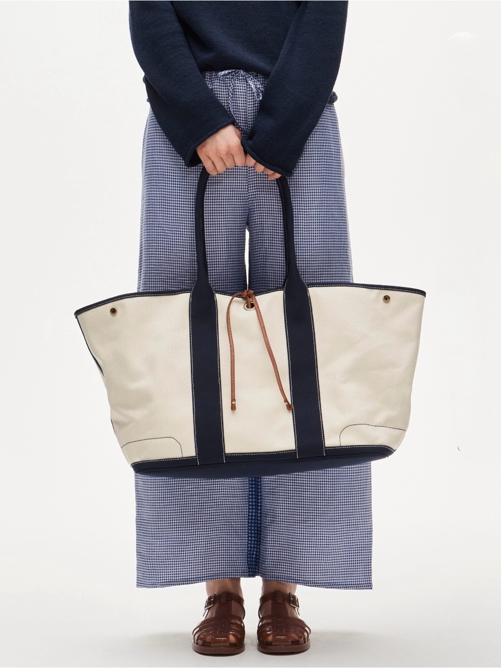 NWT J.Crew 1998 Montauk Large Canvas Tote Bag in Natural Navy